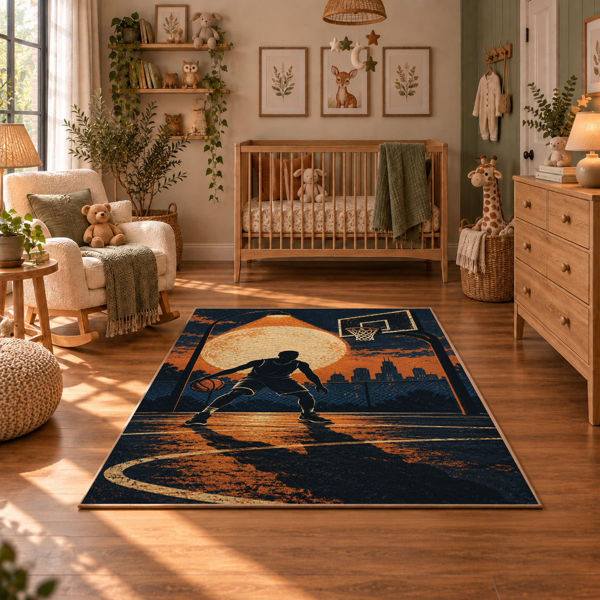 Sunset Street Basketball Silhouette Rug displayed in a cozy nursery