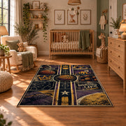Purple Star Basketball Collage Rug displayed in a cozy nursery