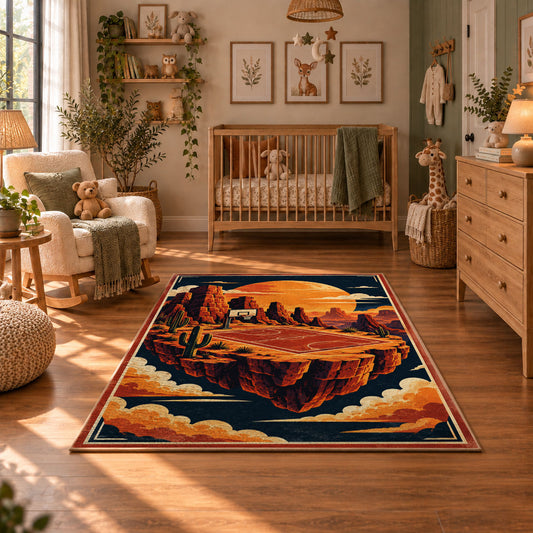 Desert Canyon Basketball Rug displayed in a cozy nursery