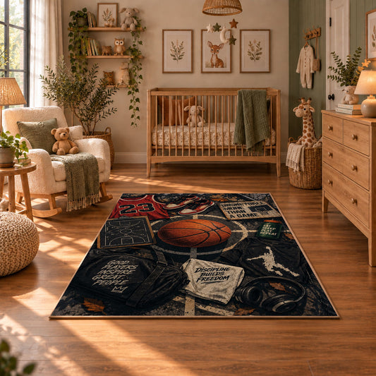 Dark Street Basketball Chalk Rug displayed in a cozy nursery
