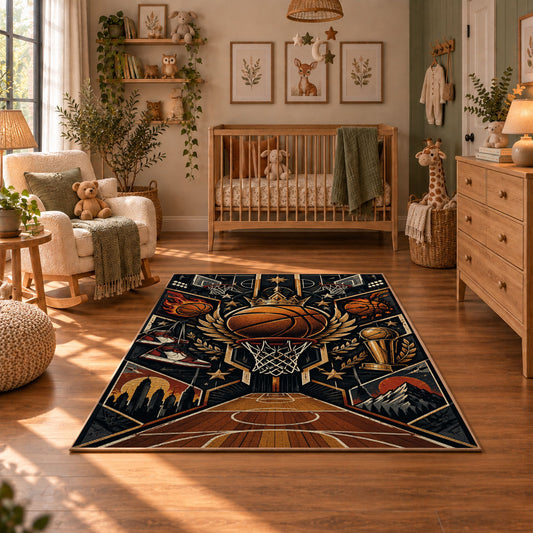 Golden Winged Basketball Rug displayed in a cozy nursery