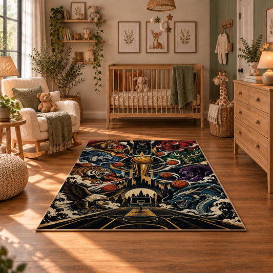 Ornate Basketball Collage Rug displayed in a cozy nursery