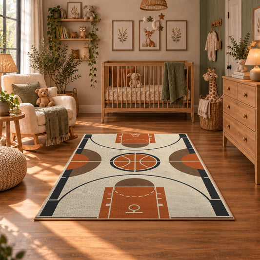 Minimal Basketball Court Diagram Rug displayed in a cozy nursery