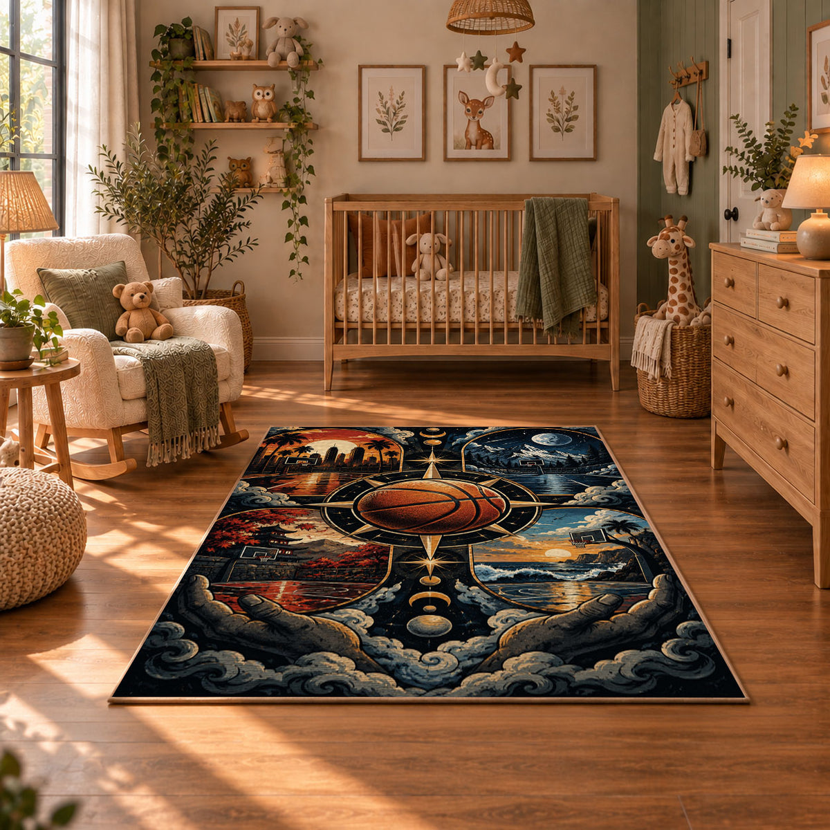 Stormy Cosmic Basketball Rug displayed in a cozy nursery