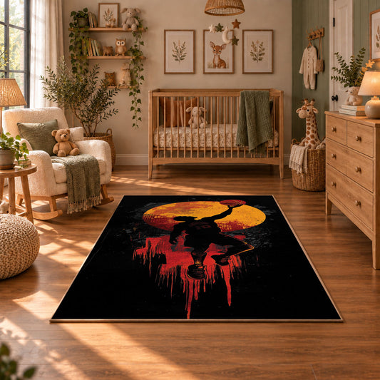 Melting Basketball Skyline Rug displayed in a cozy nursery