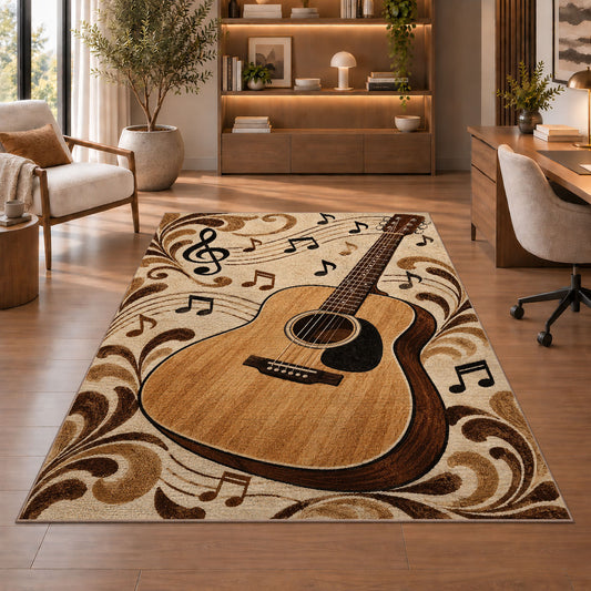 acoustic guitar music notes rug in a home office with wooden shelves