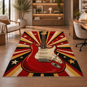 retro red electric guitar rug in a home office with wooden shelves