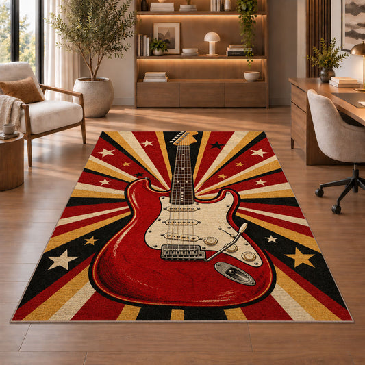 retro red electric guitar rug in a home office with wooden shelves