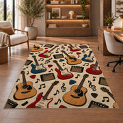 guitar pattern rug in a home office with wooden shelves