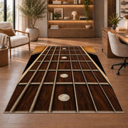 guitar fretboard rug in a home office with wooden shelves