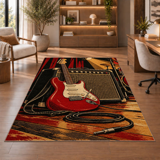 electric guitar and amp stage rug in a home office with wooden shelves