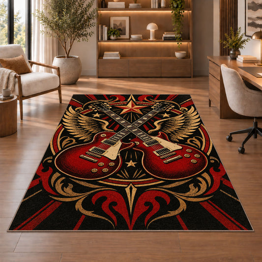 crossed guitars rock emblem rug in a home office with wooden shelves