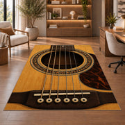 acoustic guitar soundhole rug in a home office with wooden shelves