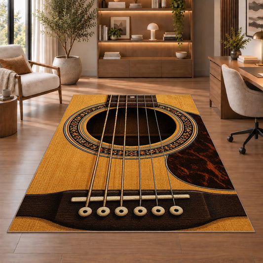 acoustic guitar soundhole rug in a home office with wooden shelves