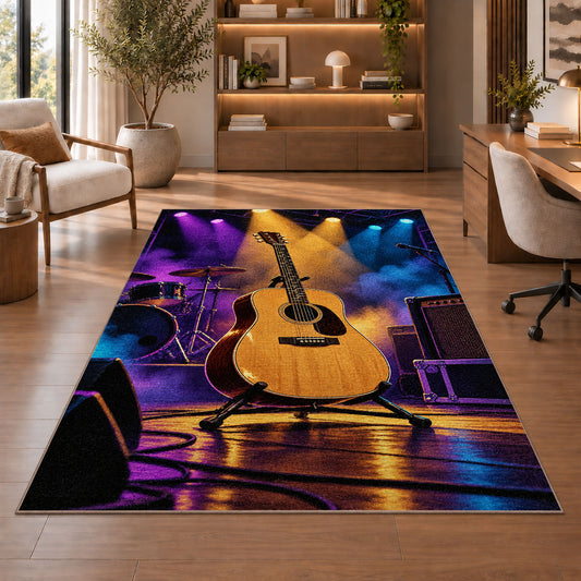 acoustic guitar spotlight stage rug in a home office with wooden shelves