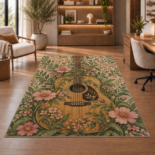 boho guitar and wildflowers rug in a home office with wooden shelves
