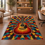 guitar pick mosaic rug in a home office with wooden shelves