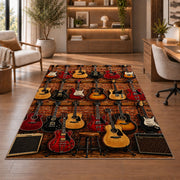 guitar shop wall rug in a home office with wooden shelves