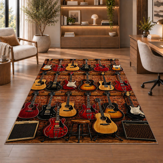 guitar shop wall rug in a home office with wooden shelves