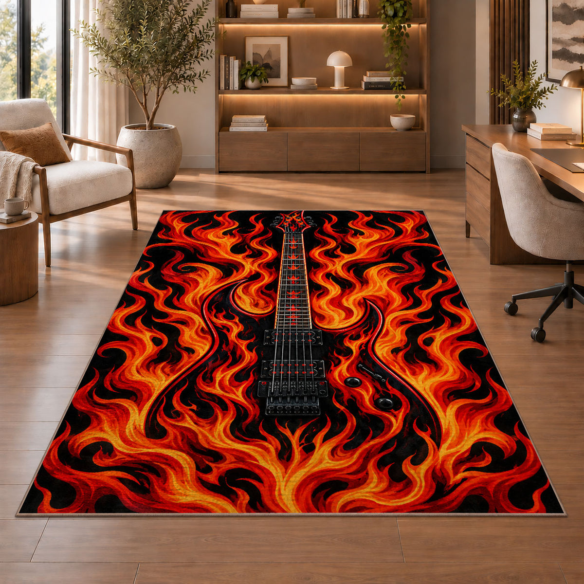 flaming electric guitar rug in a home office with wooden shelves