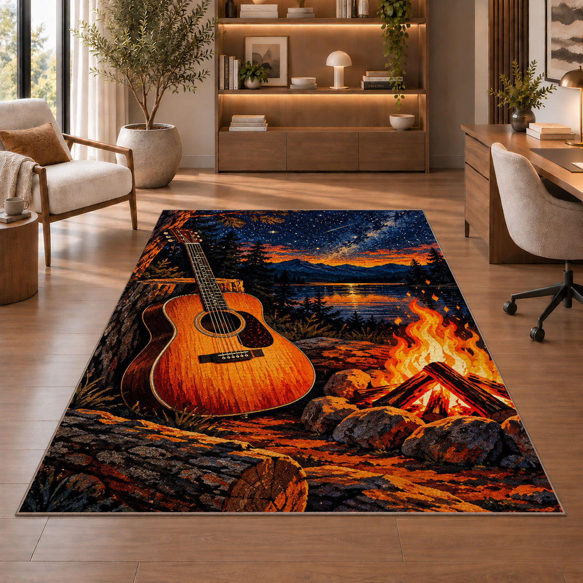 campfire guitar night rug in a home office with wooden shelves