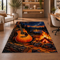 campfire guitar night rug in a home office with wooden shelves