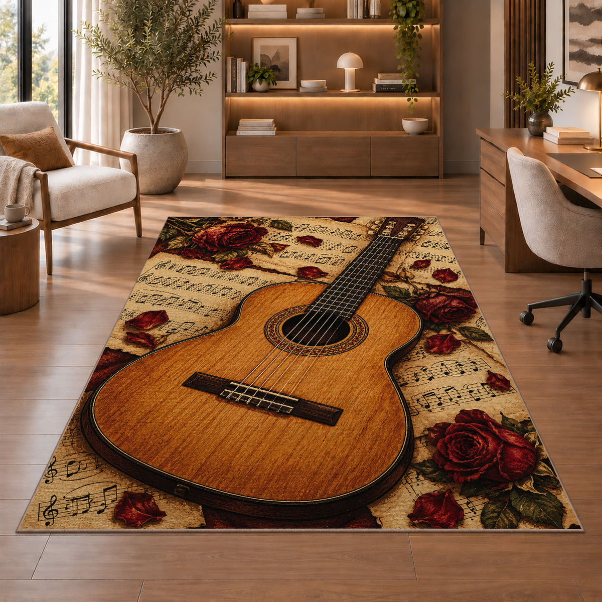 classical guitar sheet music rug in a home office with wooden shelves