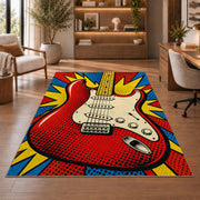 pop art electric guitar rug in a home office with wooden shelves