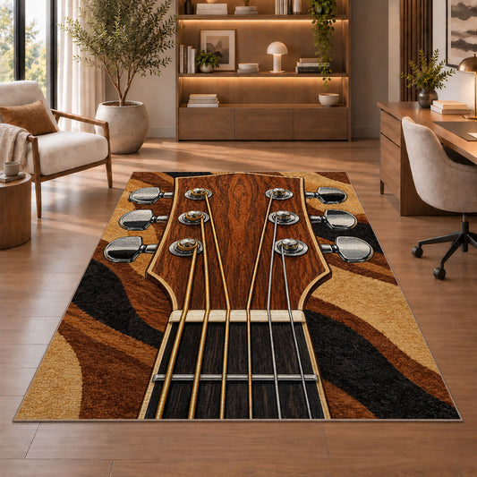 guitar headstock rug in a home office with wooden shelves