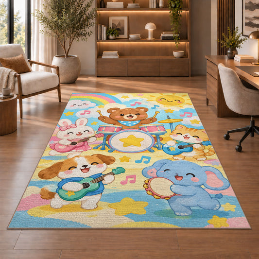 kids animal band rug in a home office with wooden shelves