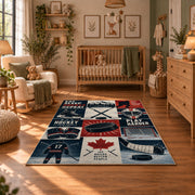 Classic Hockey Collage Rug displayed in a cozy nursery