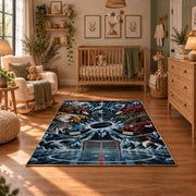 Hockey Goal and Players Collage Rug displayed in a cozy nursery
