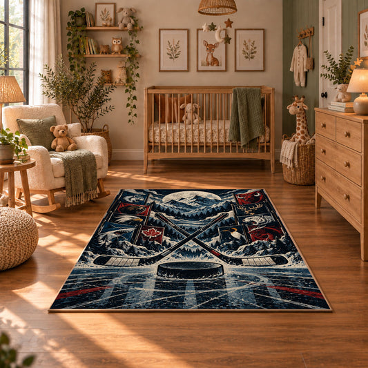 Mountain Hockey Puck Rug displayed in a cozy nursery