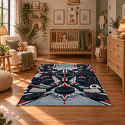 Hockey Puck and Crossed Sticks Emblem Rug displayed in a cozy nursery