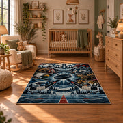 Mountain Hockey Compass Rug displayed in a cozy nursery