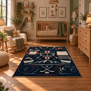 Hockey Equipment Lineup Rug displayed in a cozy nursery