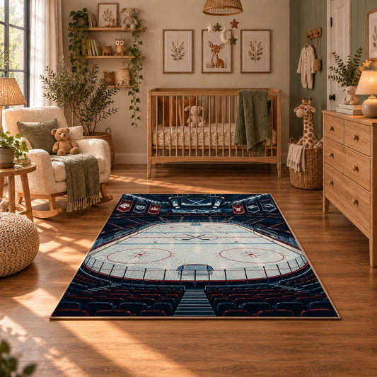Ice Hockey Arena Stadium Rug displayed in a cozy nursery