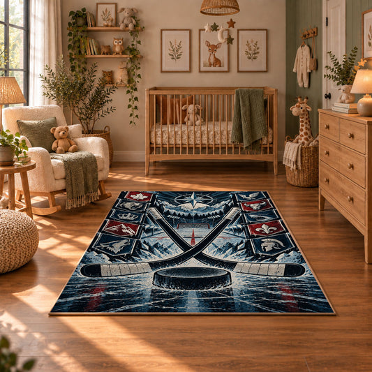 Crossed Hockey Sticks Frozen Rink Rug displayed in a cozy nursery