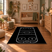 Minimal Black Hockey Rink Rug displayed in a cozy nursery