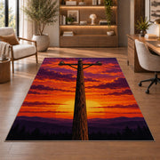 power line pole sunset rug in a home office with wooden shelves