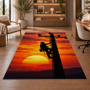 lineman climbing pole silhouette rug in a home office with wooden shelves