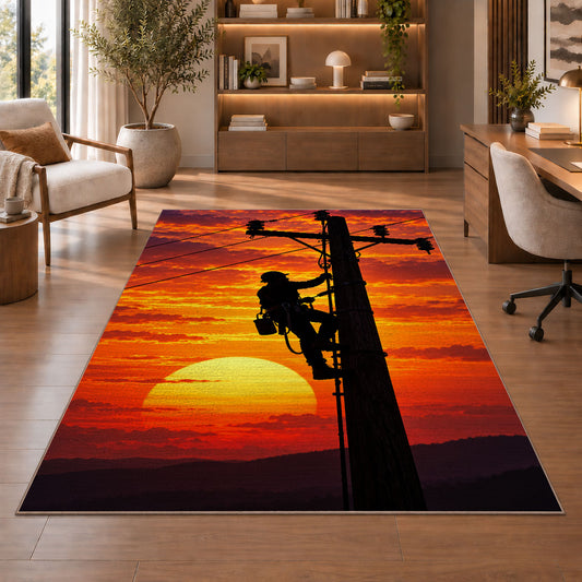 lineman climbing pole silhouette rug in a home office with wooden shelves