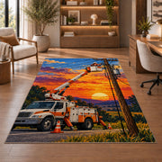 bucket truck lineman rug in a home office with wooden shelves