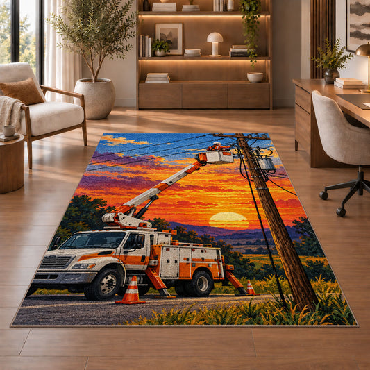 bucket truck lineman rug in a home office with wooden shelves