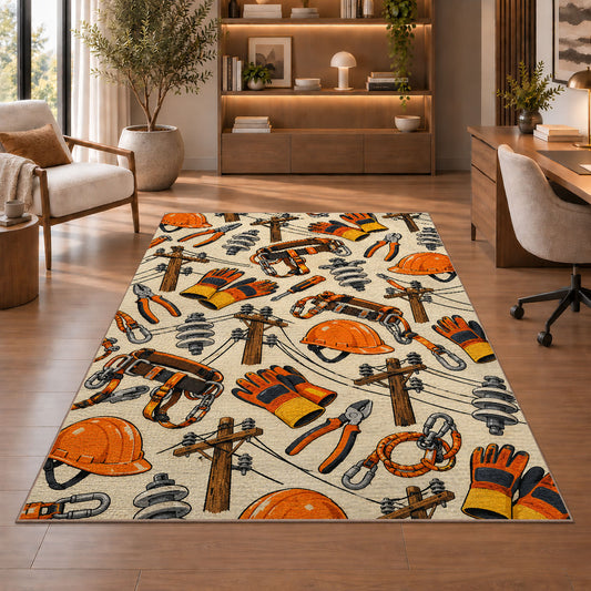 lineman tools pattern rug in a home office with wooden shelves