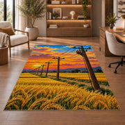 power lines wheat field rug in a home office with wooden shelves