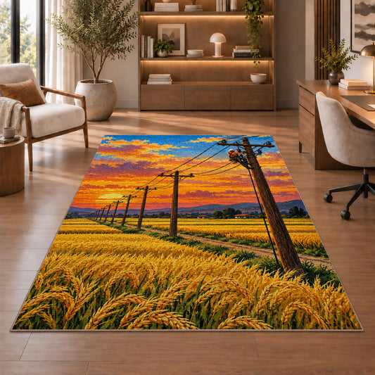 power lines wheat field rug in a home office with wooden shelves