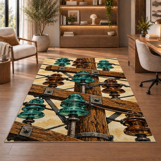 vintage glass insulator rug in a home office with wooden shelves