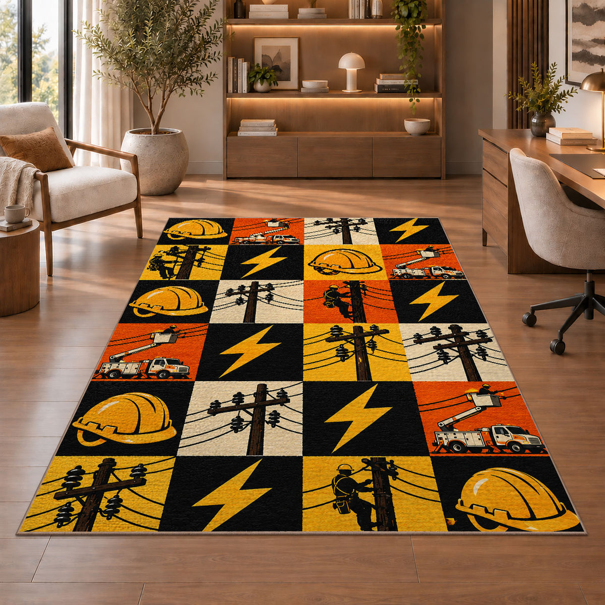 checkered lineman icons rug in a home office with wooden shelves