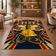 lineman badge rug in a home office with wooden shelves